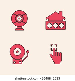 Set Fingerprint, Security camera, House with password and Ringing alarm bell icon. Vector