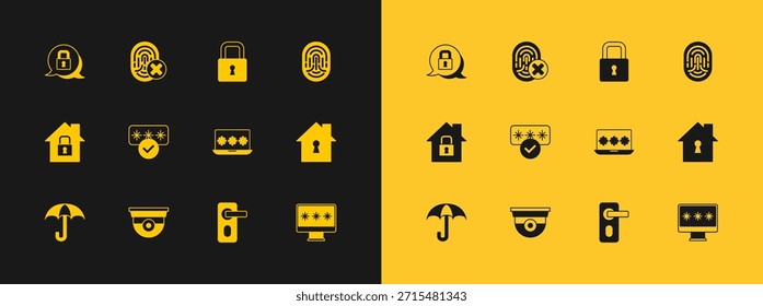 Establezca la huella digital, la cámara de seguridad, el ordenador portátil con la Contraseña, la cerradura de la puerta, la protección de la Contraseña, la cerradura, y el icono cancelado de la huella digital. Vector