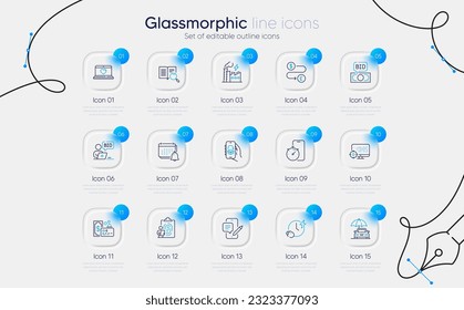 Set of Fingerprint, Seo and Phone chat line icons for web app. Notification, Charging time, Bid offer icons. Card, Money transfer, Electricity factory signs. Web love, Online auction. Vector