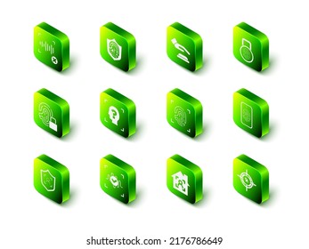Set Fingerprint in shield, Palm recognition, with lock, Mobile fingerprint scan, Eye, Smart home face id and Voice icon. Vector