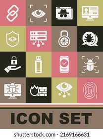 Set Fingerprint, System bug, Browser incognito window, Server, Data, Web Hosting, Shield and eye, Chain link and Safe combination lock icon. Vector