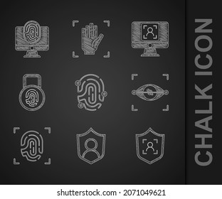 Set Fingerprint, User protection, Shield face recognition, Eye scan, with lock, Face and Monitor fingerprint icon. Vector