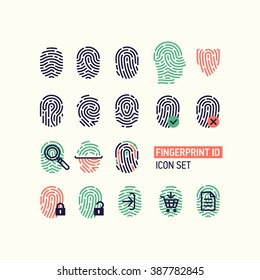 Set of fingerprint vector flat line icons. Linear fingerprints, head profile fingerprint, security shield fingerprint, locked, unlocked, log in, scanning, recognizing, shopping, document access