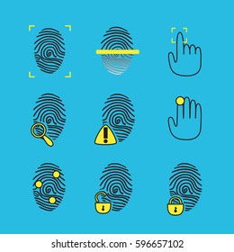 Set of fingerprint vector flat line icons. 