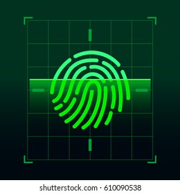 Set of fingerprint vector flat line icons. Linear fingerprints, head profile fingerprint, security shield fingerprint, locked, unlocked, log in, scanning, recognizing, shopping, document access