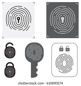 Set of fingerprint vector flat line icons. Linear fingerprints, head profile fingerprint, security shield fingerprint, locked, unlocked, log in, scanning, recognizing, shopping, document access