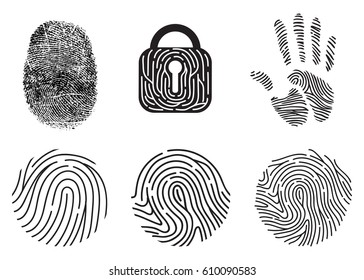 Set of fingerprint vector flat line icons. Linear fingerprints, head profile fingerprint, security shield fingerprint, locked, unlocked, log in, scanning, recognizing, shopping, document access