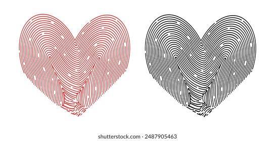 Conjunto de huellas digitales en color y corazón gráfico en estilo de dibujos animados. Ilustración vectorial de hermosas huellas dactilares en forma de corazones rojos y negros aislados sobre fondo blanco. Símbolo de amor. Logo.