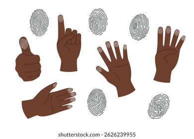 Set of fingerprints and human hands isolated on white background. Personal id identity. Unique touch id. Vector hand drawn cliparts.