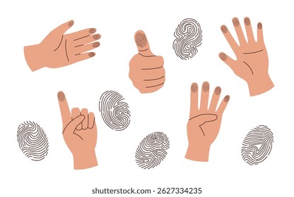 Set of fingerprints and human hands isolated on white. Personal id identity. Unique touch id. Vector hand drawn cliparts.