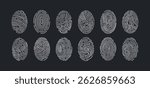Set of fingerprints isolated on black background. Personal id identity. Unique touch id. Vector hand drawn cliparts.