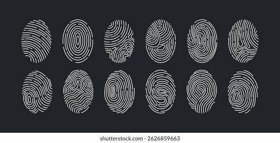 Set of fingerprints isolated on black background. Personal id identity. Unique touch id. Vector hand drawn cliparts.