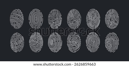 Set of fingerprints isolated on black background. Personal id identity. Unique touch id. Vector hand drawn cliparts.