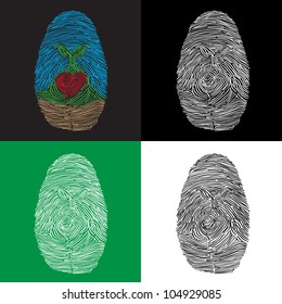 Set of fingerprints with a small plant and a heart in the markings