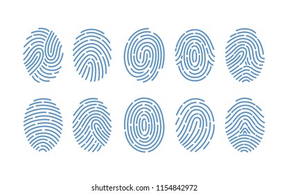 Set Of Fingerprints Of Various Types Isolated On White Background. Traces Of Friction Ridges Of Human Fingers. Method Of Forensic Science, Person's Identification. Monochrome Vector Illustration