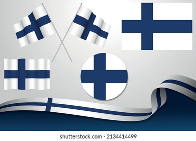 Set Of Finland Flags In Different Designs, Icon, Flaying Flags With ribbon With Background.