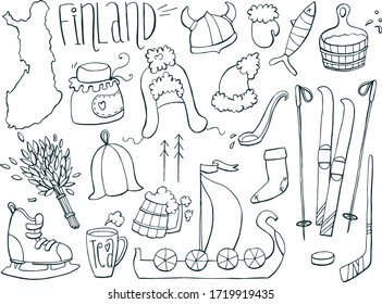 Conjunto de mapas de Finlandia, icono, garabatos. Dibujado a mano. Ilustración vectorial.