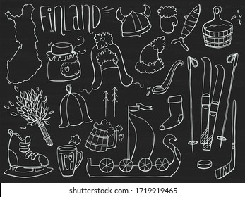 Set of Finland map, icon, doodles, chalkboard. Hand drawn sketched. Vector Illustration.