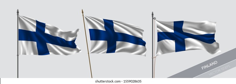Set of Finland waving flag on isolated background vector illustration. 3 Finish wavy realistic flag as a symbol of patriotism 