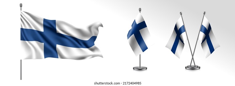 Set of Finland waving flag on isolated background vector illustration. 3 Finish wavy realistic flag as a patriotic symbol