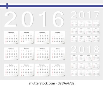 Set of Finnish 2016, 2017, 2018 vector calendars with shadow angles. Week starts from Sunday.