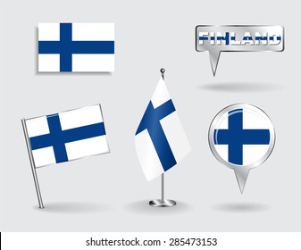 Set of Finnish pin, icon and map pointer flags. Vector illustration.