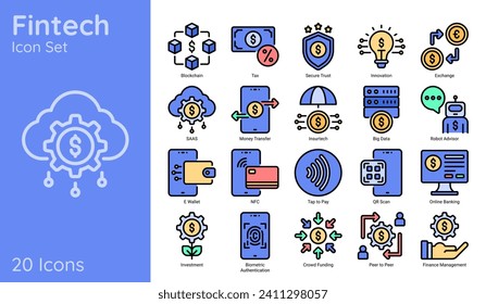 Set of fintech icons. Line colored style. Vector icons.