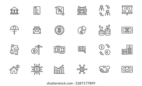 Set of fintech modern icons. Simple line art style icons pack.fintech simple concept icons set. Contains such icons as finance, technology, blockchain, innovation and more, can be used for web