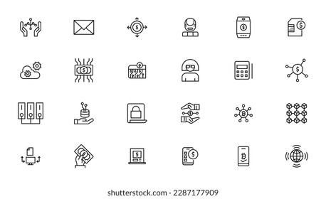 Set of fintech modern icons. Simple line art style icons pack.fintech simple concept icons set. Contains such icons as finance, technology, blockchain, innovation and more, can be used for web