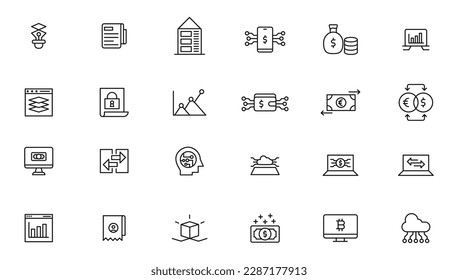 Set of fintech modern icons. Simple line art style icons pack.fintech simple concept icons set. Contains such icons as finance, technology, blockchain, innovation and more, can be used for web
