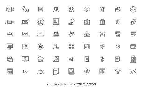 Set of fintech modern icons. Simple line art style icons pack.fintech simple concept icons set. Contains such icons as finance, technology, blockchain, innovation and more, can be used for web