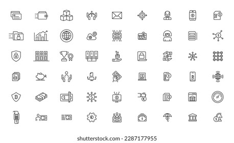 Set of fintech modern icons. Simple line art style icons pack.fintech simple concept icons set. Contains such icons as finance, technology, blockchain, innovation and more, can be used for web