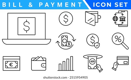 Set of fintech modern icons. Simple line art style icons pack. Vector illustration.Set outline Minimalist thin linear web icon set. vector illustration.Outline icon 