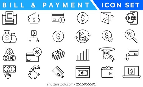 Conjunto de ícones modernos fintech. Pacote de ícones de estilo de arte de linha simples. Ilustração de vetor.Definir contorno Ícone da Web linear fino minimalista definido. ilustração de vetor.Ícone Contorno 