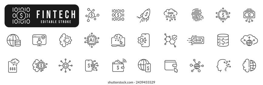 Set of fintech related line icons. Cloud, money, dollar, computer, finance, wallet etc. Editable stroke