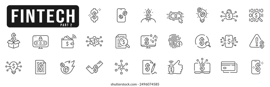 Conjunto de iconos de línea relacionados con fintech. Nube, dinero, dólar, computadora, finanzas, billetera, etc. Trazo editable. Parte 2