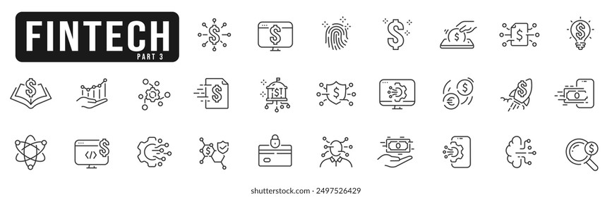 Set of fintech related line icons. Cloud, money, dollar, computer, finance, wallet etc. Editable stroke. Part 3