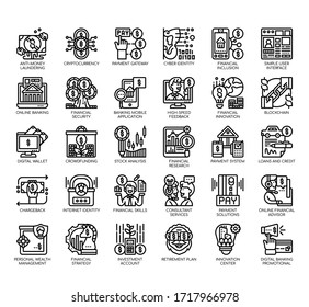 Set of fintech thin line and pixel perfect icons for any web and app project. 