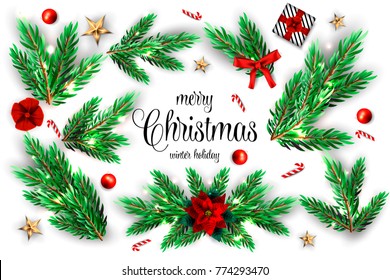 Set of fir branches. Christmas tree, pine, conifer. Realistic detailed vector illustrations. Symbol of Christmas and New Year isolated on white background for your design. EPS10