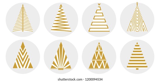Set of fir free icons. Trendy minimal design for Christmas symbol. Collection for cards, banners, posters. White and golden.