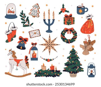 Set of fir tree and home decor icons for Christmas holidays. Vector stickers or clip arts. New year and Christmas home decorations. Festive items or cozy interior objects for house. Fir tree and toys.