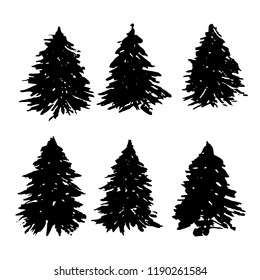 Set of fir tree silhouettes. Black grunge Christmas trees collection. Watercolor spruces isolated on white background. Vector illustration.