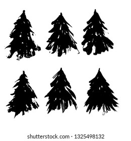 Set of fir tree silhouettes. Black grunge Christmas trees collection. Watercolor spruces isolated on white background. Vector illustration.