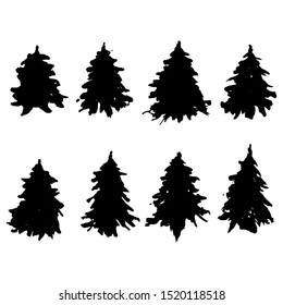 Set of fir tree silhouettes. Black grunge Christmas trees collection. Watercolor spruces isolated on white background. Vector illustration.