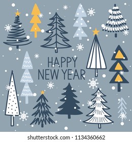 Set of fir trees. Colorful background vector. Design illustration. A lot of fir-trees. Decorative wallpaper, good for printing. Happy New Year. Winter time