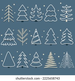 Set of fir trees of different shapes on a blue background. Vector illustration suitable for flyers, posters, business cards or for web.