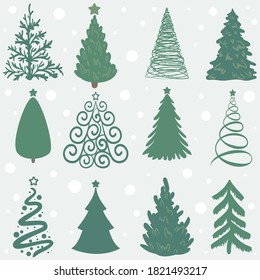 Set of fir trees on light background with falling snow vector flat cartoon illustration. Winter card, poster. New year style, holidays vibes.Set of Christmas trees, spruces.