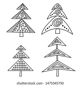 Set of fir trees in Scandinavian style. Isolated elements on white background.  The nordic style for design poster, wrapping, postcards, patterns. 