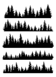 Set Of Fir Trees Silhouettes. Coniferous Spruce Horizontal Background Patterns, Black Evergreen Woods Vector Illustration. Beautiful Hand Drawn Panoramas Of A Coniferous Forest