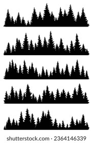 Set of fir trees silhouettes. Coniferous spruce horizontal background patterns, black evergreen woods vector illustration. Beautiful hand drawn panoramas of coniferous forest